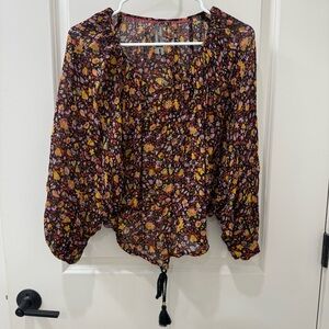 Anthropologie Black Floral Tie-Front Sheer Blouse